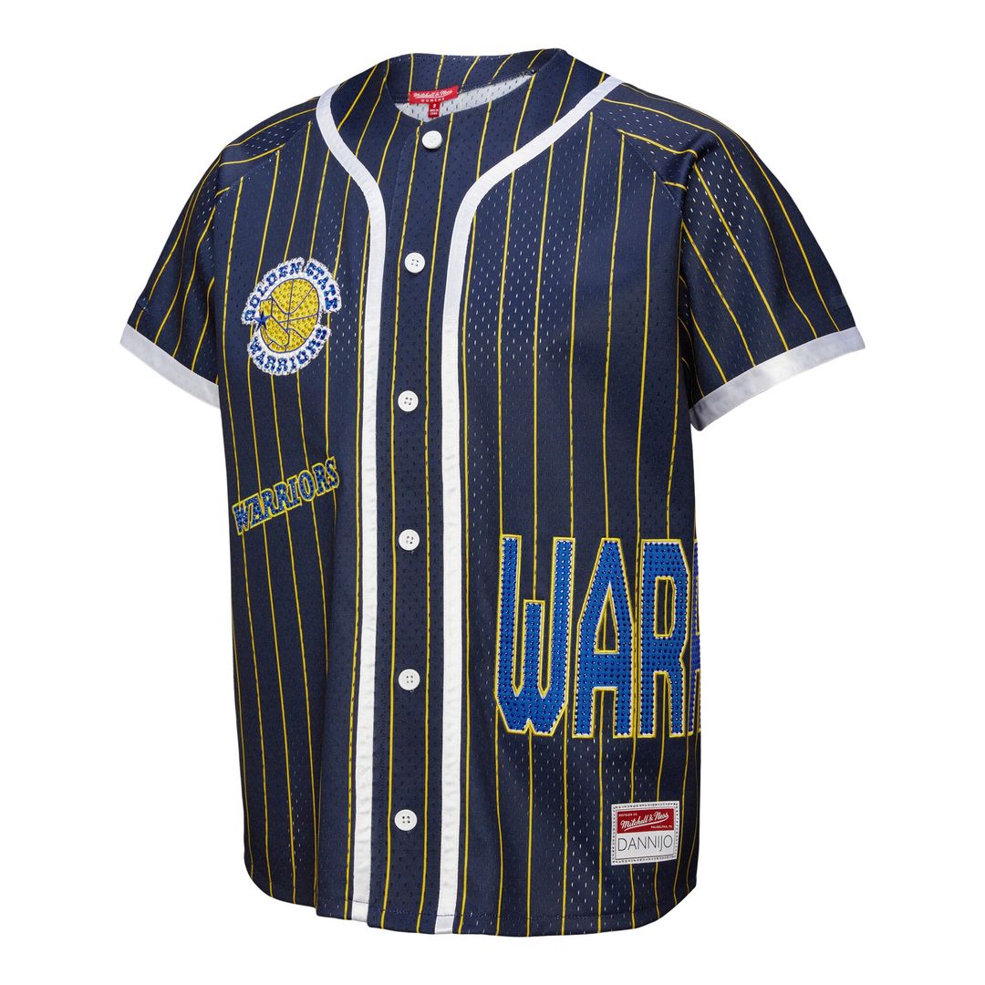 Golden State Warriors Mitchell & Ness x DANNIJO Women's Fashion Baseball Jersey - Blue | NBA Fan Gear