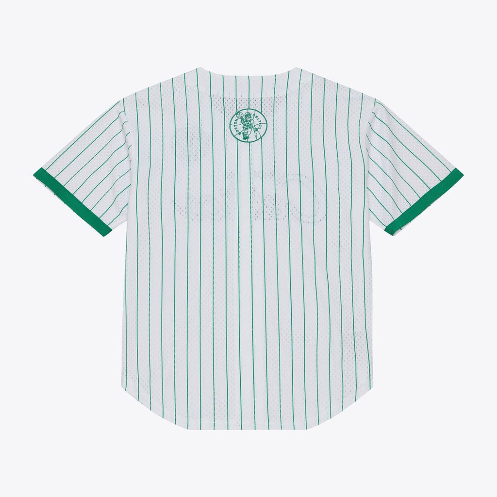 Boston Celtics Mitchell & Ness Head Coach Pinstripe Mesh Full-Button Baseball Jersey - White | NBA Fan Gear
