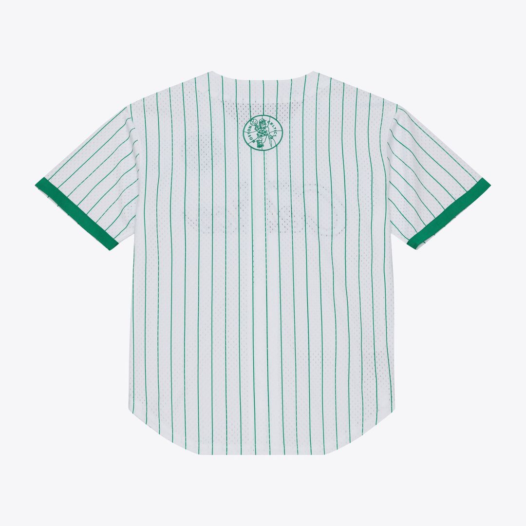 Boston Celtics Mitchell & Ness Head Coach Pinstripe Mesh Full-Button Baseball Jersey - White | NBA Fan Gear