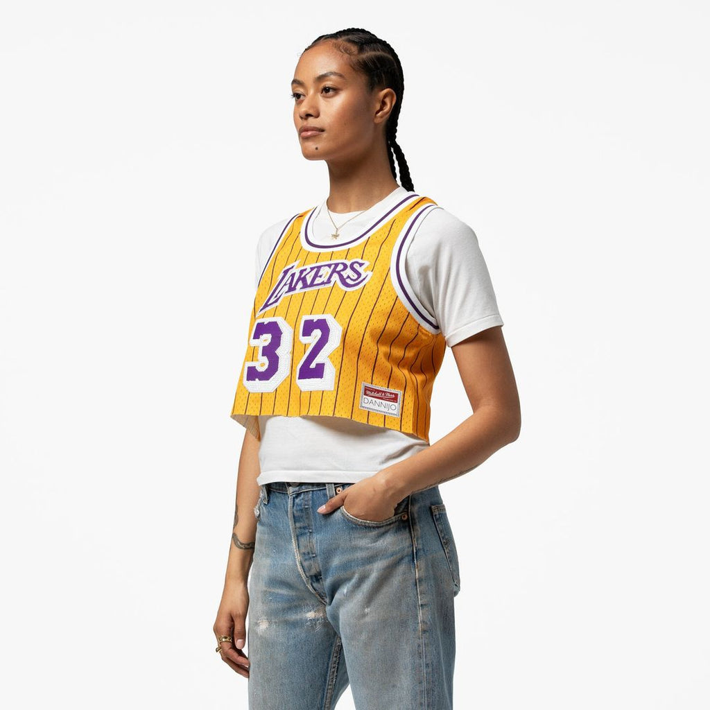 Magic Johnson Los Angeles Lakers Mitchell & Ness x DANNIJO Women's Fashion Cropped Basketball Jersey - Yellow | NBA Fan Gear