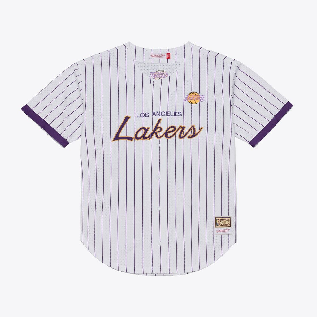 Los Angeles Lakers Mitchell & Ness Head Coach Pinstripe Mesh Full-Button Baseball Jersey - White | NBA Fan Gear