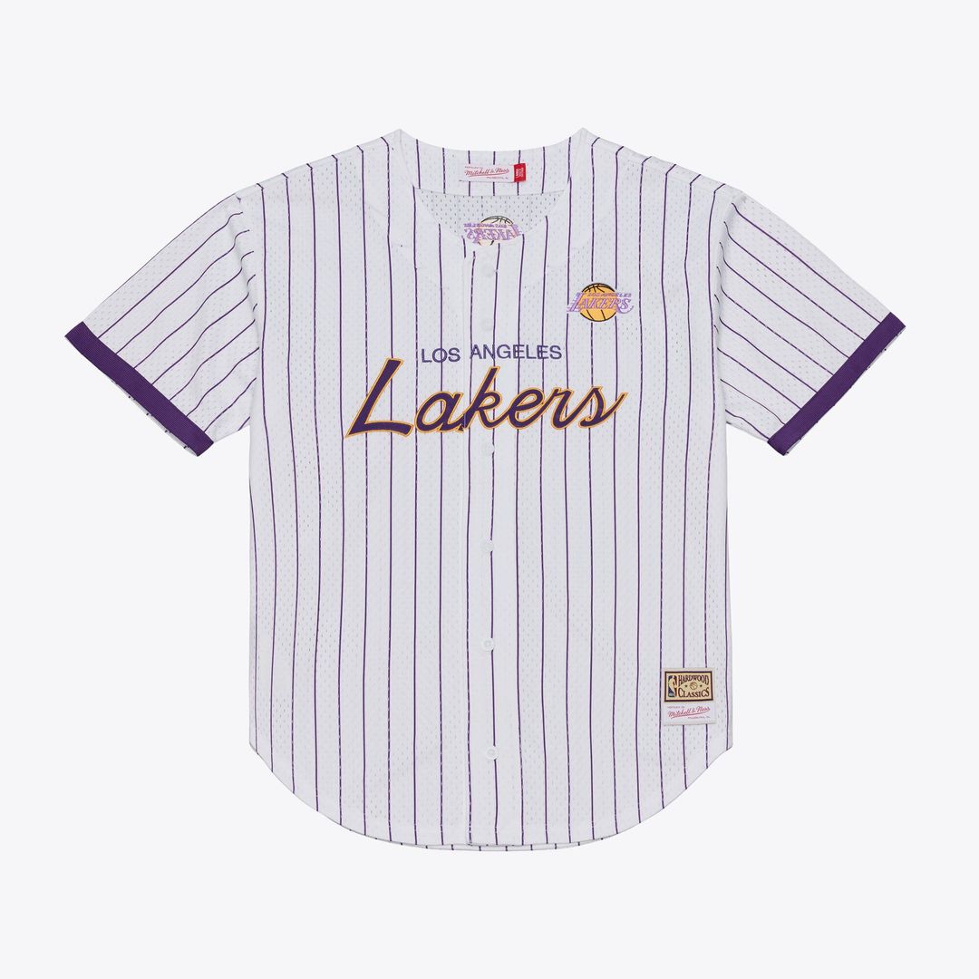 Los Angeles Lakers Mitchell & Ness Head Coach Pinstripe Mesh Full-Button Baseball Jersey - White | NBA Fan Gear