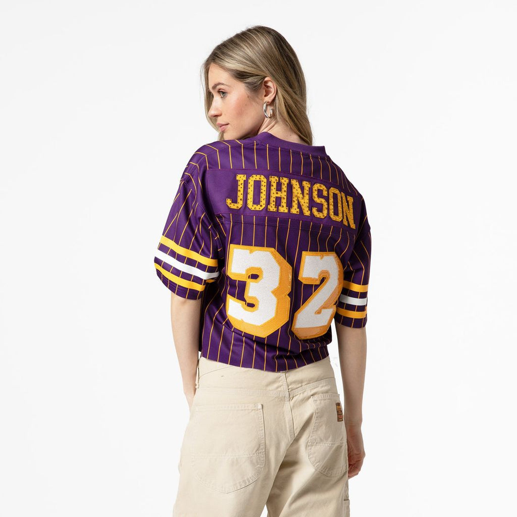 Magic Johnson Los Angeles Lakers Mitchell & Ness x DANNIJO Women's Cropped Football Fashion Jersey - Purple | NBA Fan Gear