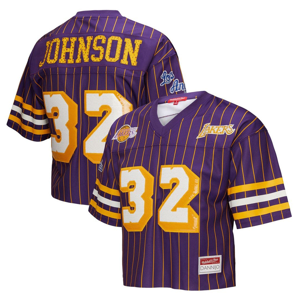Magic Johnson Los Angeles Lakers Mitchell & Ness x DANNIJO Women's Cropped Football Fashion Jersey - Purple | NBA Fan Gear