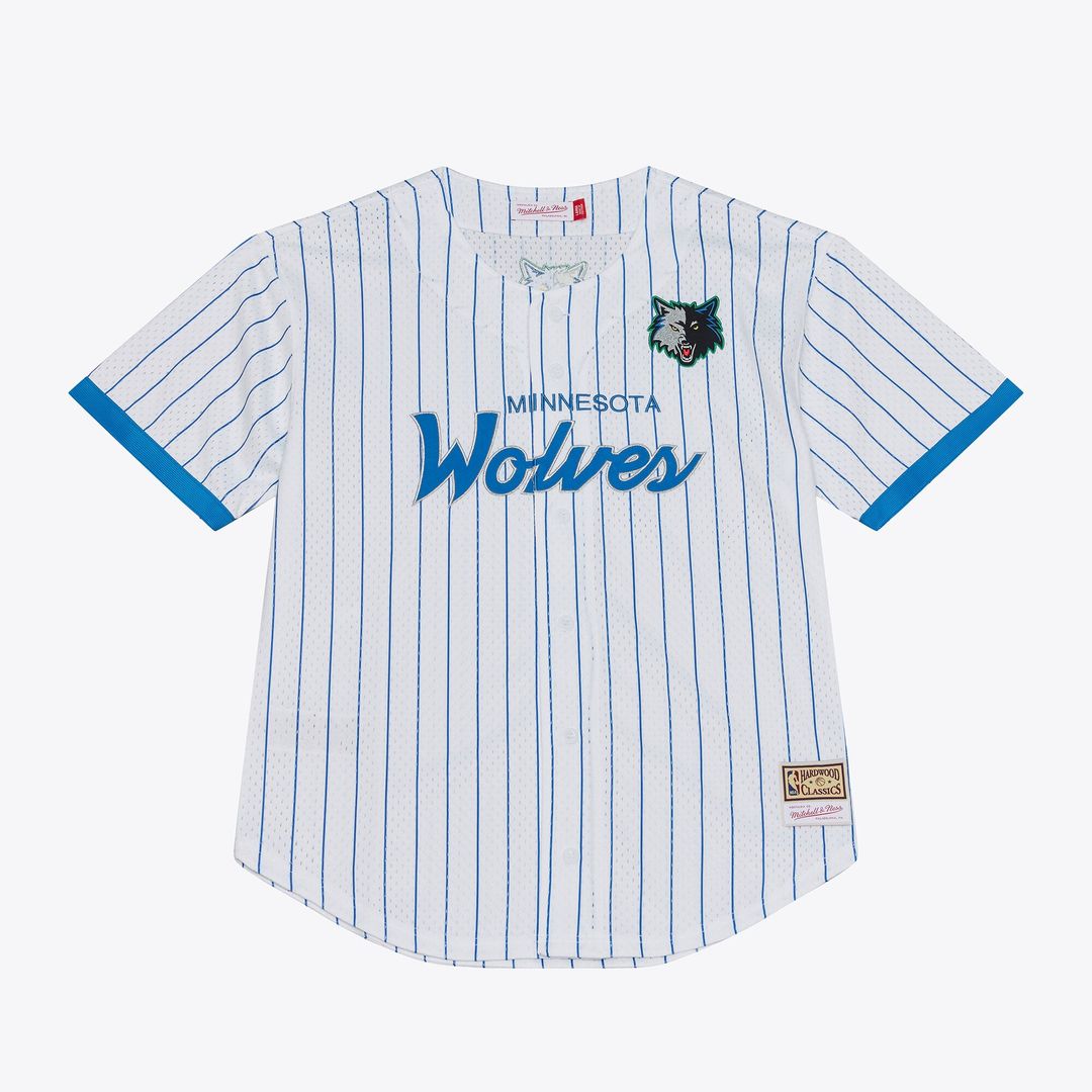 Minnesota Timberwolves Mitchell & Ness Head Coach Pinstripe Mesh Full-Button Baseball Jersey - White | NBA Fan Gear