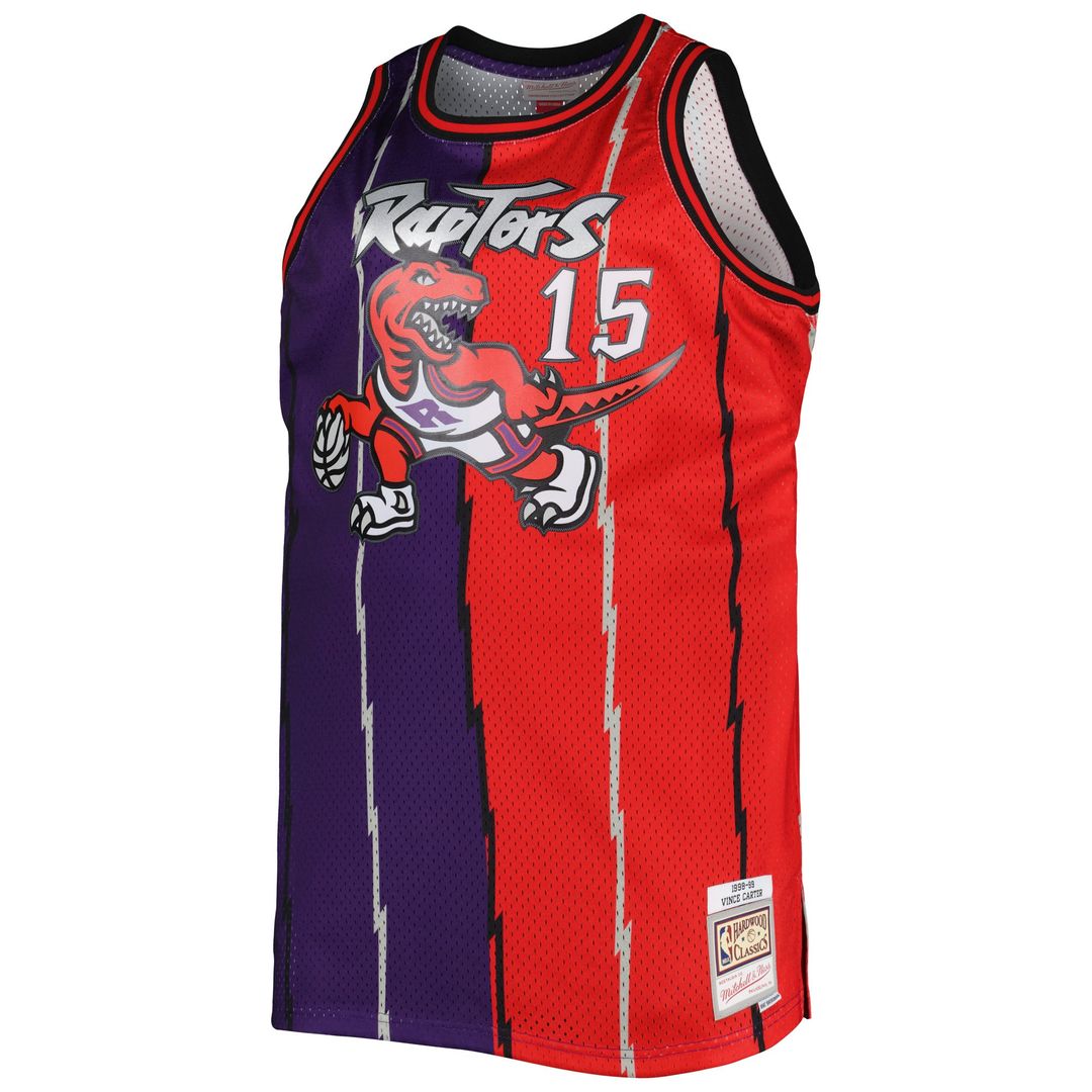 Vince Carter Toronto Raptors Mitchell & Ness Big & Tall Hardwood Classics 1998/ 99 Split Swingman Jersey - Purple/ Red | NBA Fan Gear
