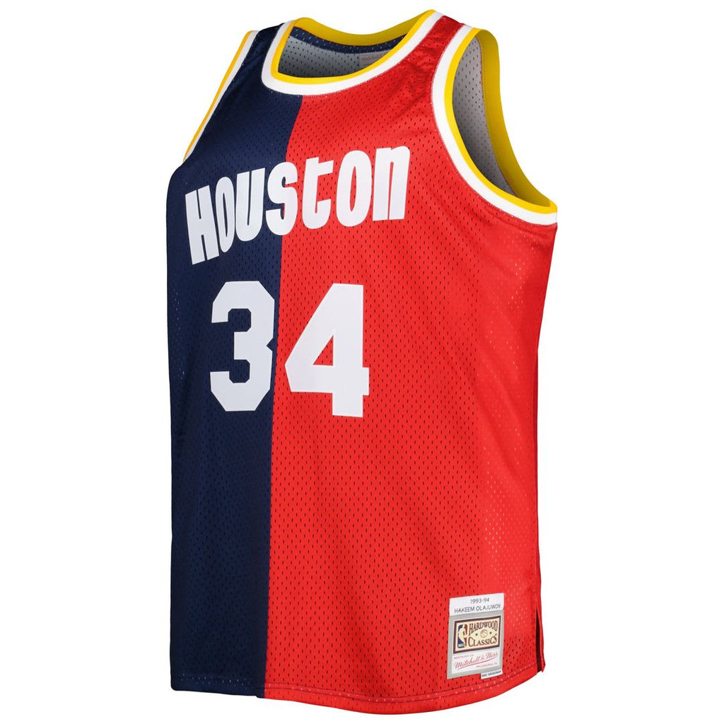 Hakeem Olajuwon Houston Rockets Mitchell & Ness Big & Tall Hardwood Classics 1993/ 94 Split Swingman Jersey - Navy/ Red | NBA Fan Gear