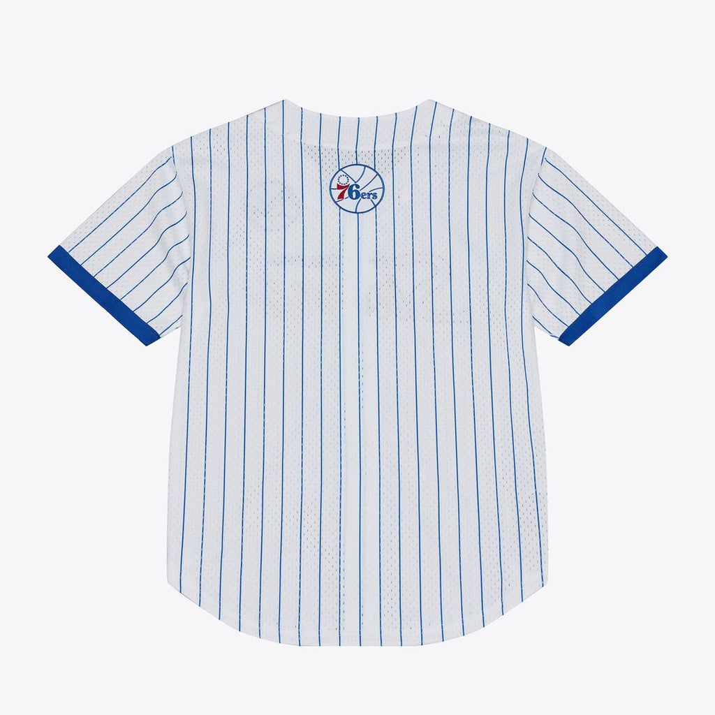 Philadelphia 76ers Mitchell & Ness Head Coach Pinstripe Mesh Full-Button Baseball Jersey - White | NBA Fan Gear