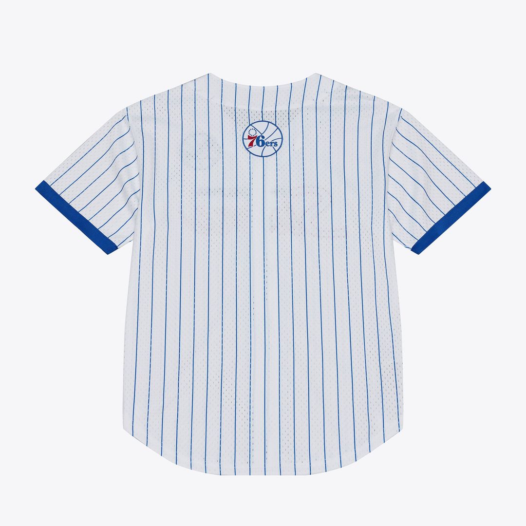 Philadelphia 76ers Mitchell & Ness Head Coach Pinstripe Mesh Full-Button Baseball Jersey - White | NBA Fan Gear