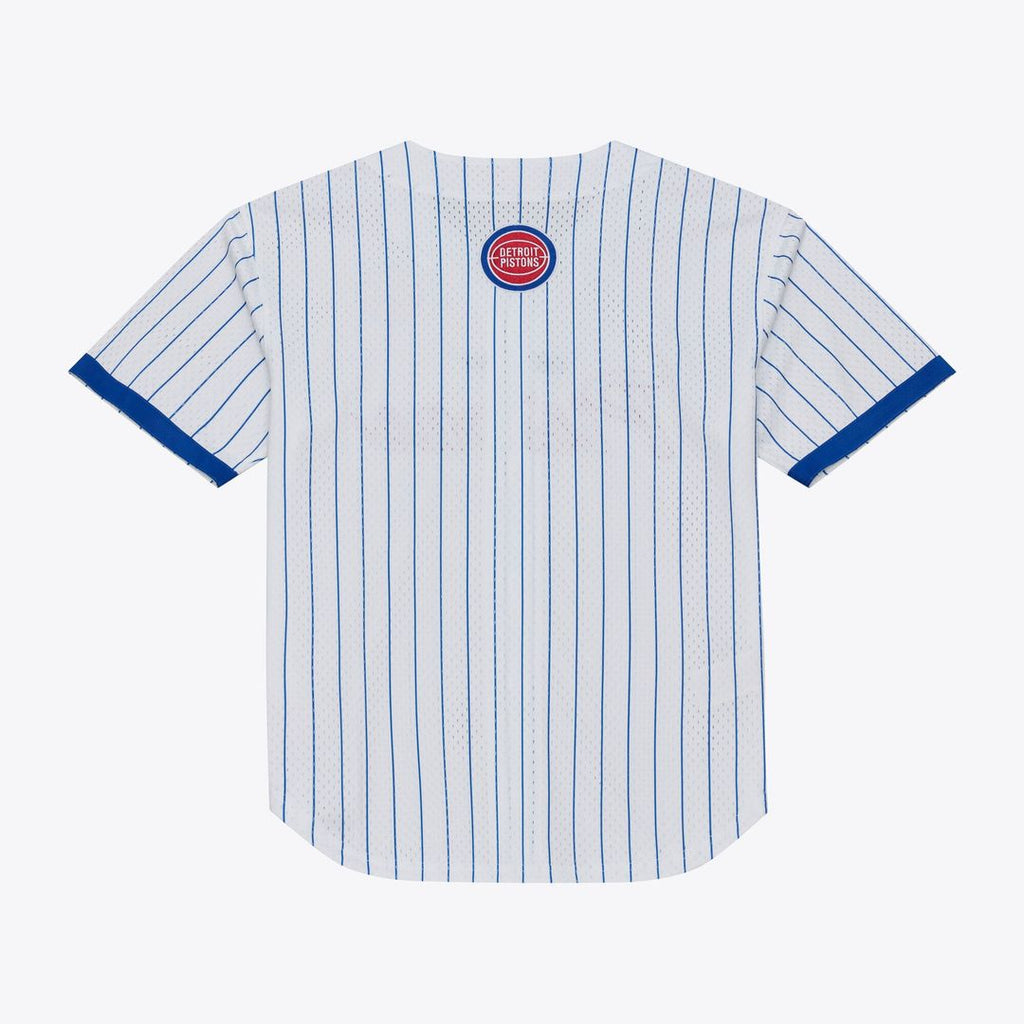 Detroit Pistons Mitchell & Ness Head Coach Pinstripe Mesh Full-Button Baseball Jersey - White | NBA Fan Gear