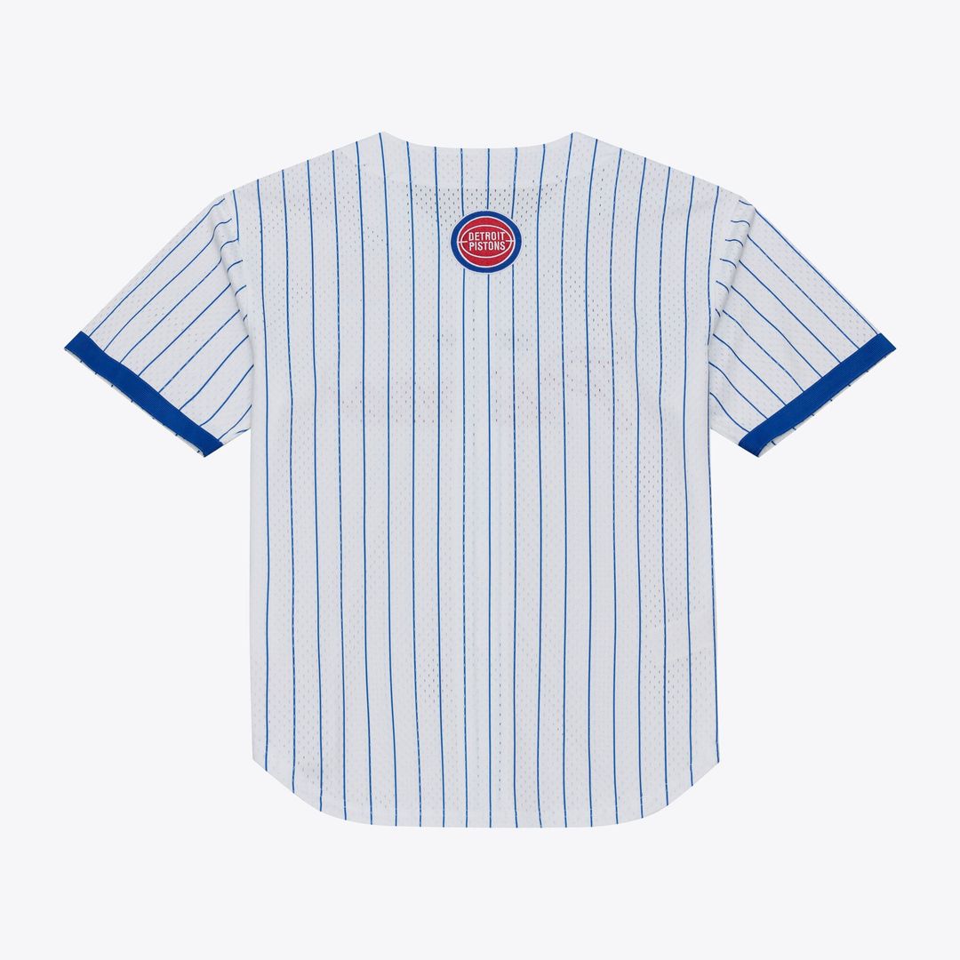 Detroit Pistons Mitchell & Ness Head Coach Pinstripe Mesh Full-Button Baseball Jersey - White | NBA Fan Gear