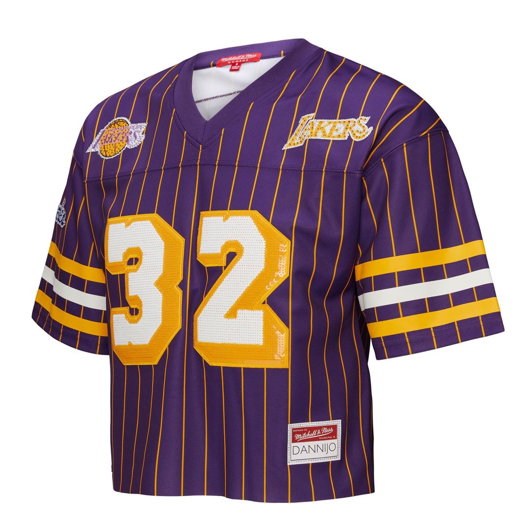 Magic Johnson Los Angeles Lakers Mitchell & Ness x DANNIJO Women's Cropped Football Fashion Jersey - Purple | NBA Fan Gear