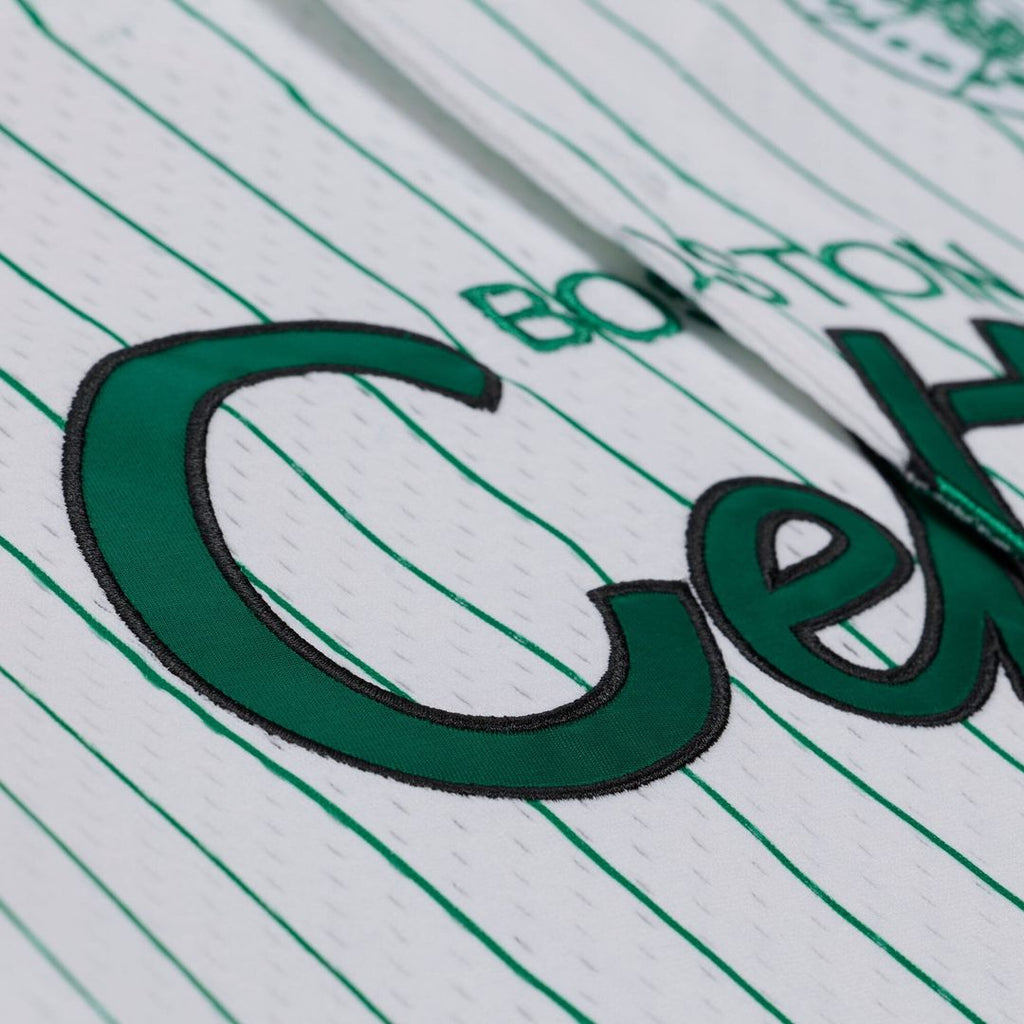 Boston Celtics Mitchell & Ness Head Coach Pinstripe Mesh Full-Button Baseball Jersey - White | NBA Fan Gear