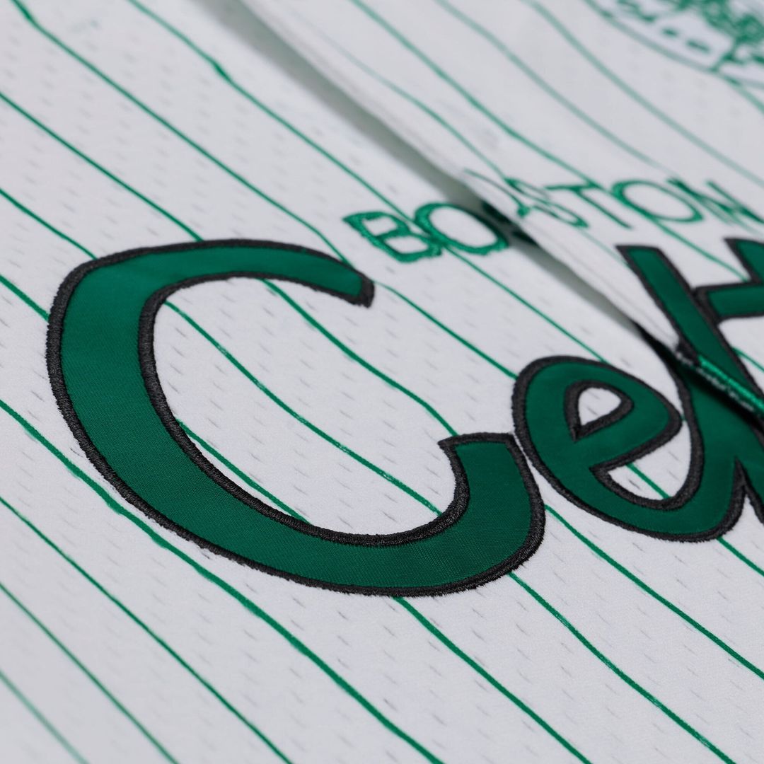 Boston Celtics Mitchell & Ness Head Coach Pinstripe Mesh Full-Button Baseball Jersey - White | NBA Fan Gear