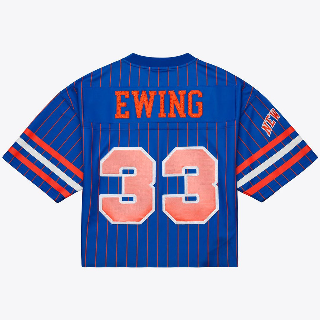Patrick Ewing New York Knicks Mitchell & Ness x DANNIJO Women's Name & Number Cropped Football Jersey - Blue | NBA Fan Gear