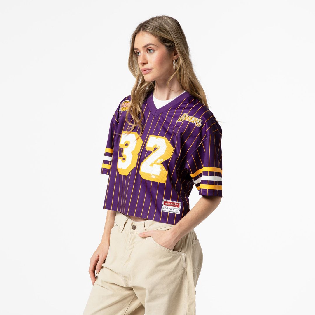 Magic Johnson Los Angeles Lakers Mitchell & Ness x DANNIJO Women's Cropped Football Fashion Jersey - Purple | NBA Fan Gear