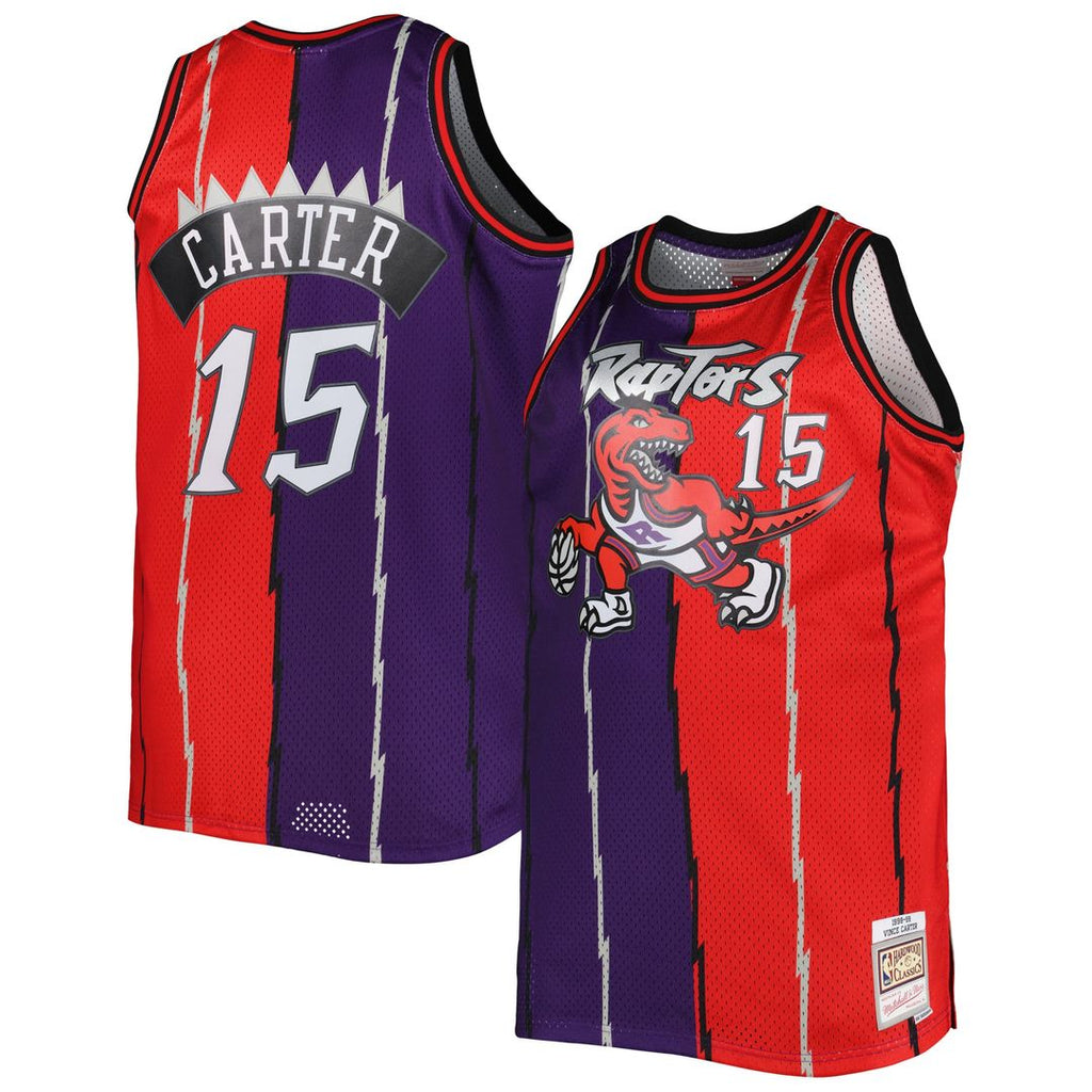 Vince Carter Toronto Raptors Mitchell & Ness Big & Tall Hardwood Classics 1998/ 99 Split Swingman Jersey - Purple/ Red | NBA Fan Gear