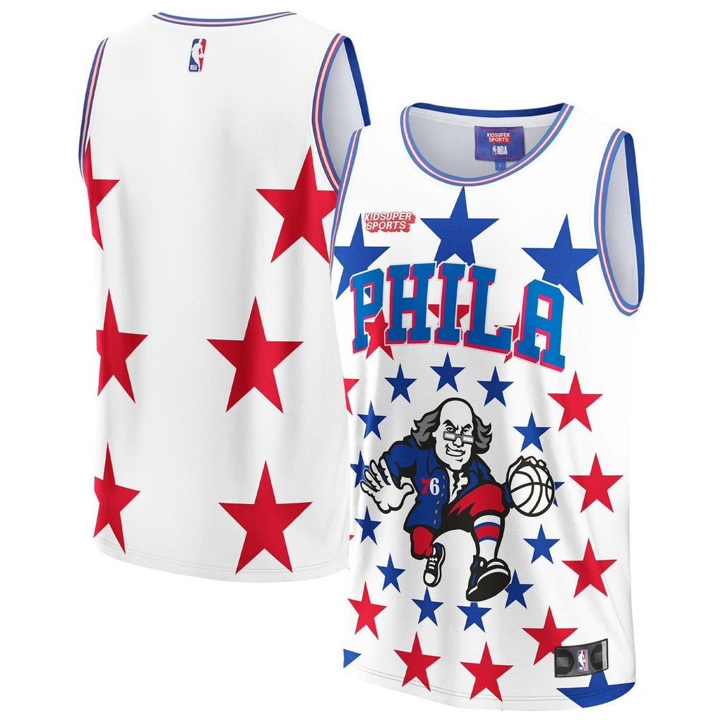 Philadelphia 76ers NBA & KidSuper Studios by Fanatics Unisex Hometown Jersey - White | NBA x KidSuper Fan Gear