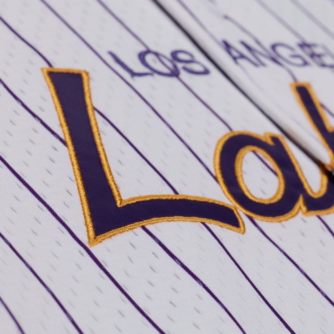 Los Angeles Lakers Mitchell & Ness Head Coach Pinstripe Mesh Full-Button Baseball Jersey - White | NBA Fan Gear